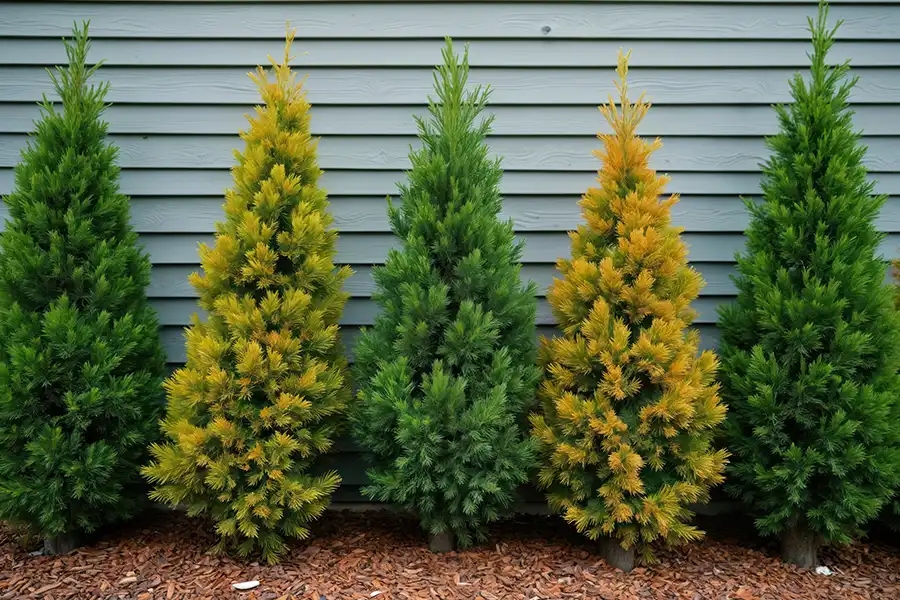 Kresse Tree Wurxx—Conifer trees suffer from disease, and their leaves have turned yellow in a yard in Central IL